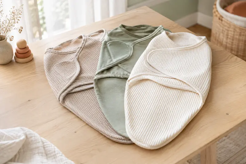 Couvertures d’emmaillotage en coton pliées sur une table claire