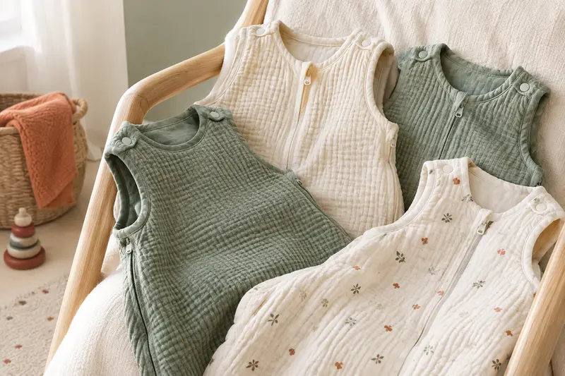 Gigoteuses sans manches en coton gaufré présentées sur un fauteuil clair