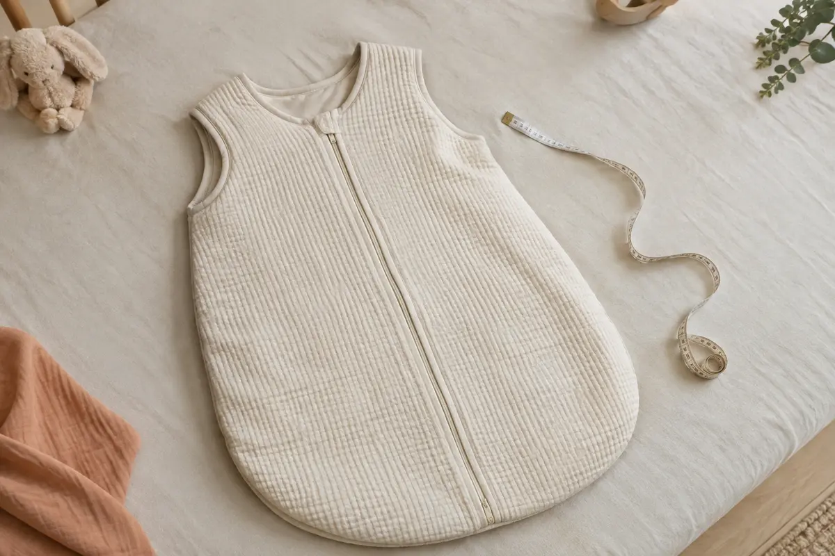 Gigoteuse pour bébé posée à plat avec un mètre ruban près de l’ouverture du cou et des emmanchures