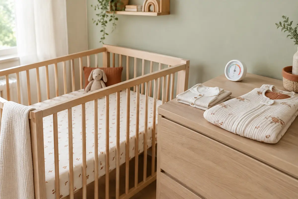 Gigoteuse pliée et thermomètre dans une chambre de bébé pour illustrer le choix selon la température.
