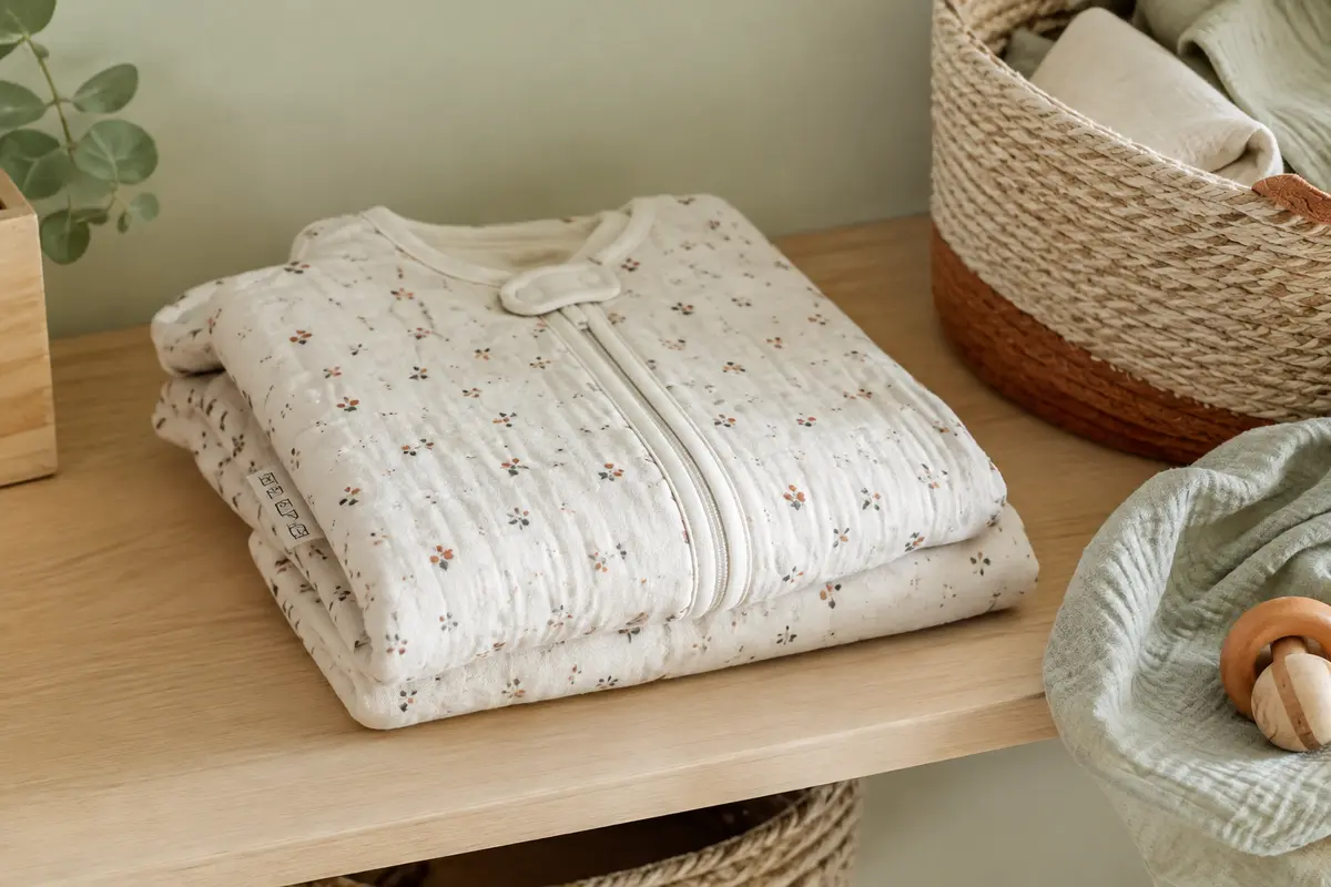 Gigoteuse bébé propre pliée près d’un panier de linge, évoquant les vérifications d’entretien après lavage.