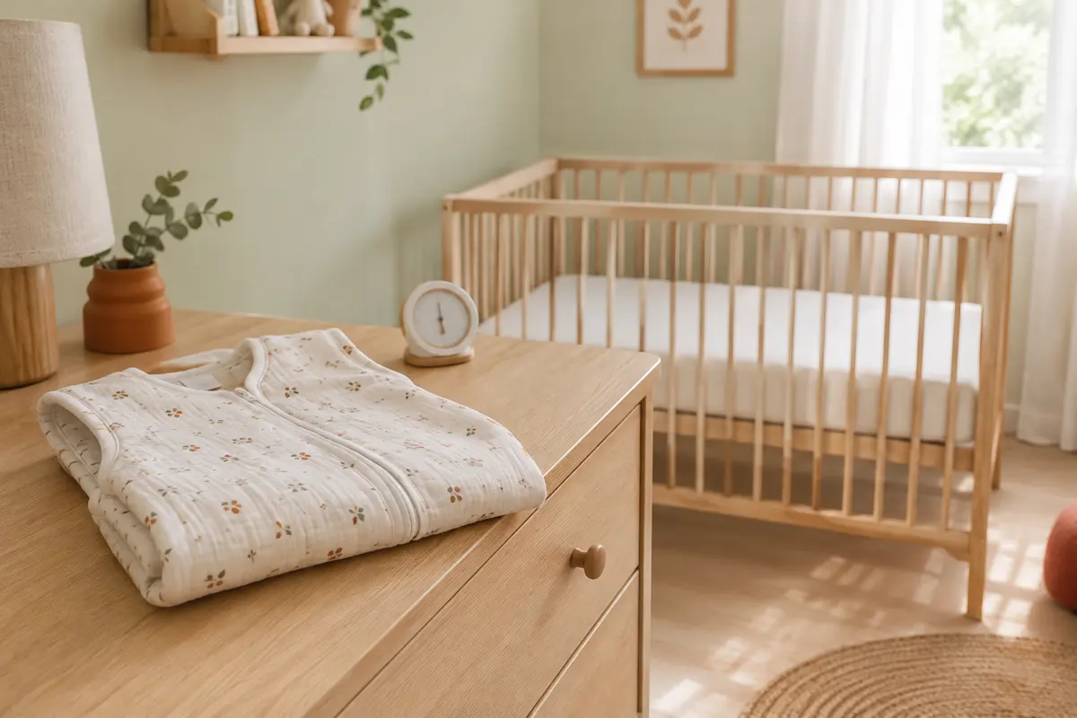 Gigoteuse légère pliée près d’un thermomètre, dans une chambre de bébé estivale et aérée