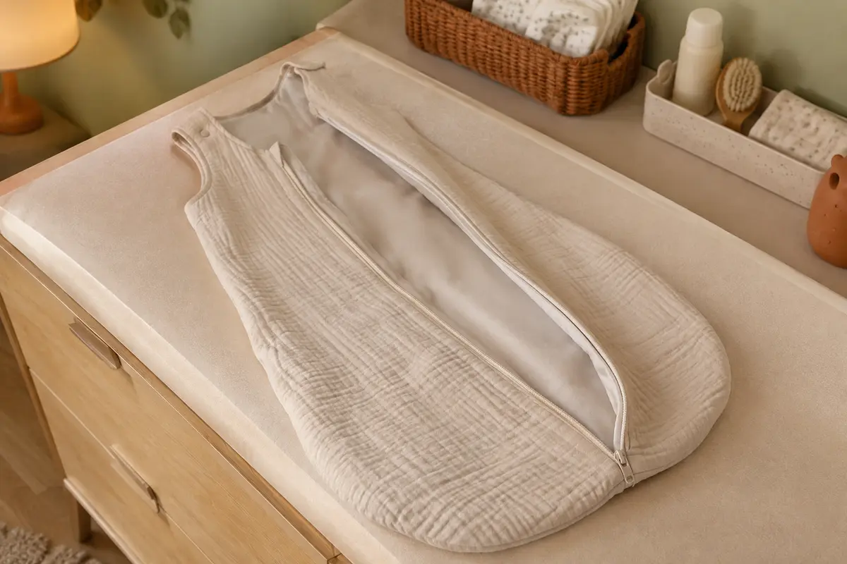 Gigoteuse bébé ouverte à plat, montrant le trajet du zip et les finitions de la fermeture.