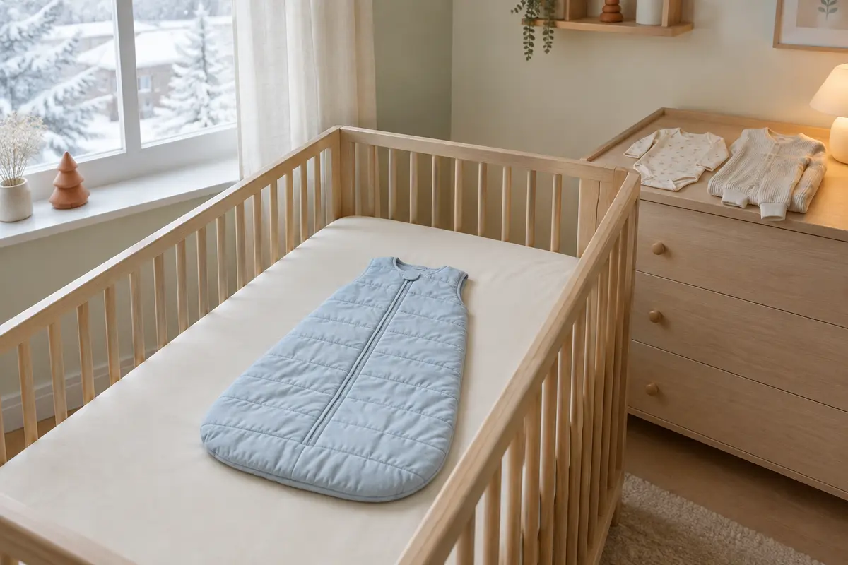Lit de bébé en bois clair avec un drap housse crème et une gigoteuse d’hiver bleu pâle posée à plat, à côté d’une commode portant un body et un pyjama pliés