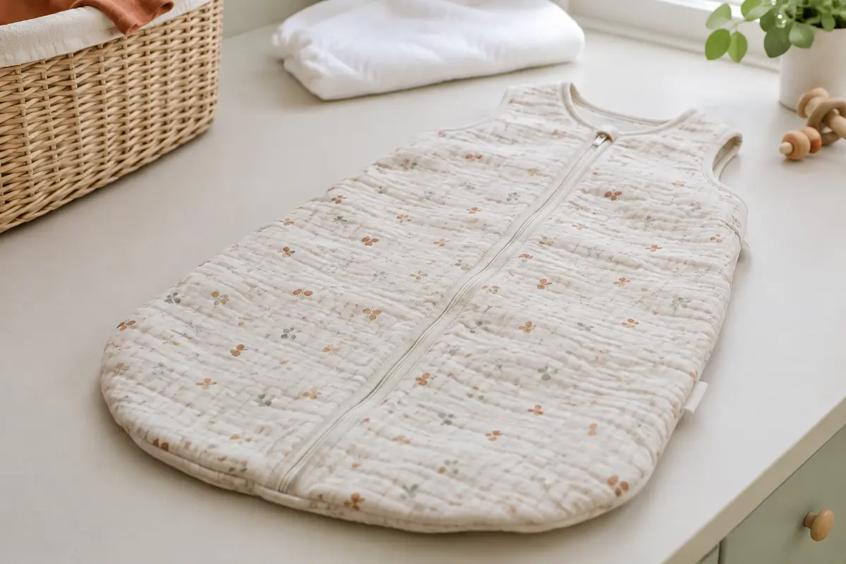 Gigoteuse bébé propre étendue à plat, avec son garnissage, ses coutures et sa fermeture visibles