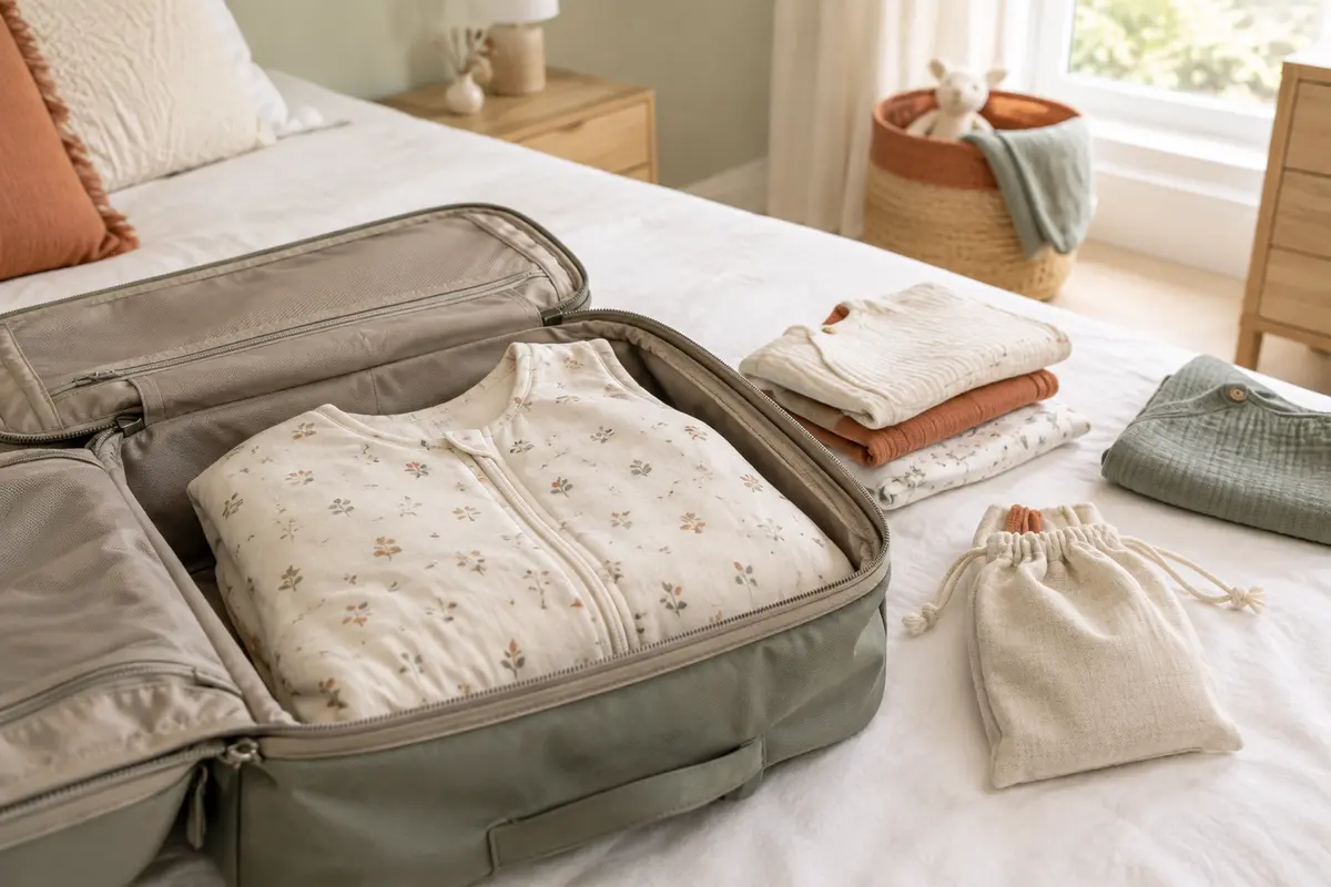 Gigoteuse pour bébé pliée dans un sac de voyage, prête pour une nuit hors de la maison