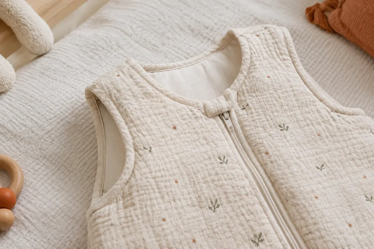 Gigoteuse pour bébé posée à plat, avec l’encolure et les emmanchures visibles pour examiner sa coupe.