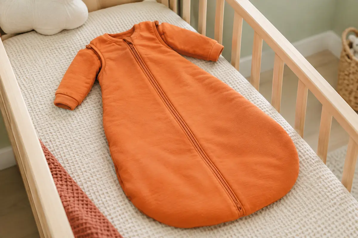 Gigoteuse bébé orange unie en coton, avec manches amovibles et fermeture zippée, posée dans une chambre lumineuse
