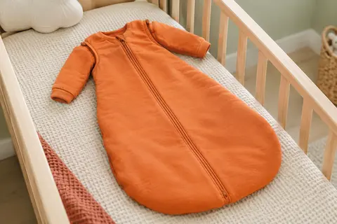 Gigoteuse bébé orange unie en coton, avec manches amovibles et fermeture zippée, posée dans une chambre lumineuse