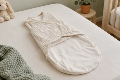 Couverture d’emmaillotage Béaba en coton blanc et beige, avec une poche pour les jambes de bébé.