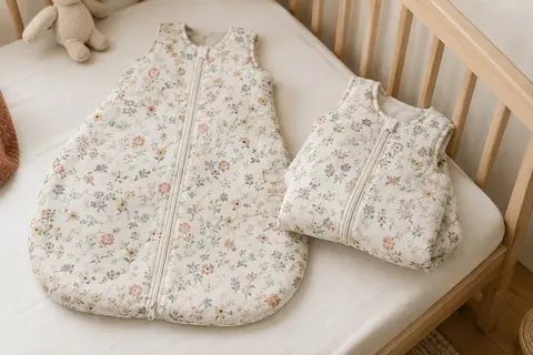 Deux gigoteuses bébé en coton à motif floral, dont une montrant la fermeture éclair à double sens.