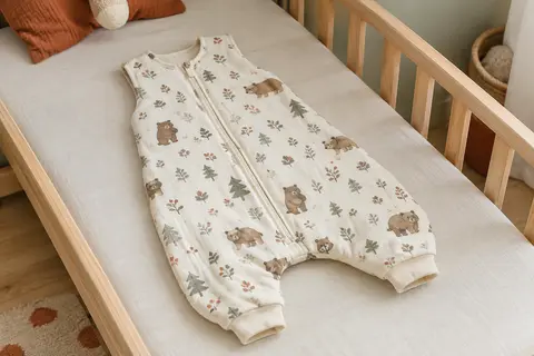 Gigoteuse bébé Chilsuessy à jambes en coton, motif ours de forêt et fermeture éclair centrale.