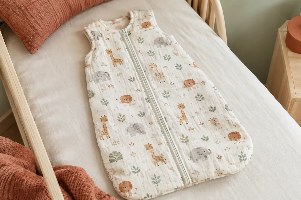 Gigoteuse bébé sans manches en coton à imprimé animal, posée sur un lit dans une chambre lumineuse.