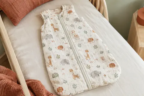 Gigoteuse bébé sans manches en coton à imprimé animal, posée sur un lit dans une chambre lumineuse.