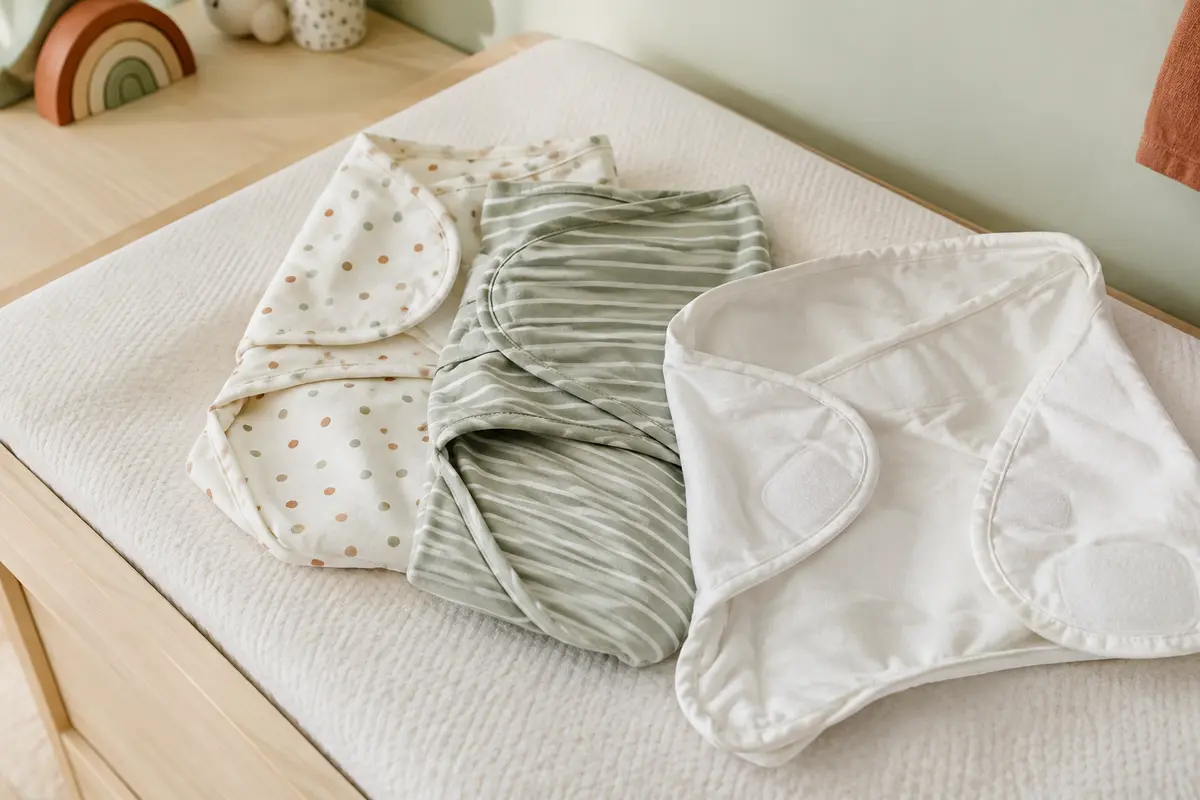 Trois langes d’emmaillotage CuddleBug en coton, aux motifs de pois et de rayures, montrant leurs fermetures réglables