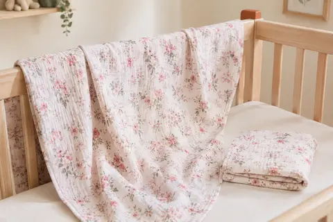Couvertures bébé en mousseline de coton rose à motifs floraux, pliée et dépliée dans une chambre ivoire.