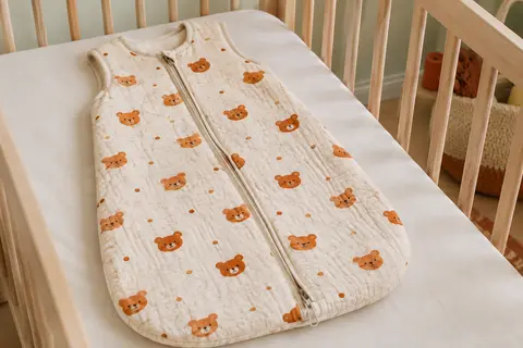 Gigoteuse bébé en coton à motif d’ours orange, sans manches, avec fermeture éclair double sens.