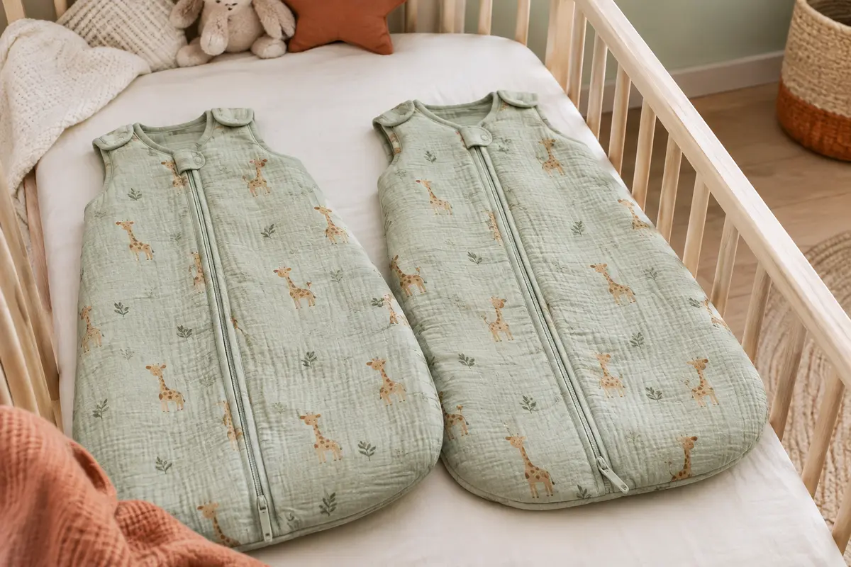 Deux gigoteuses en coton vert à motif girafe, sans manches, avec double fermeture éclair
