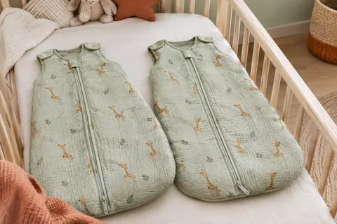 Deux gigoteuses en coton vert à motif girafe, sans manches, avec double fermeture éclair