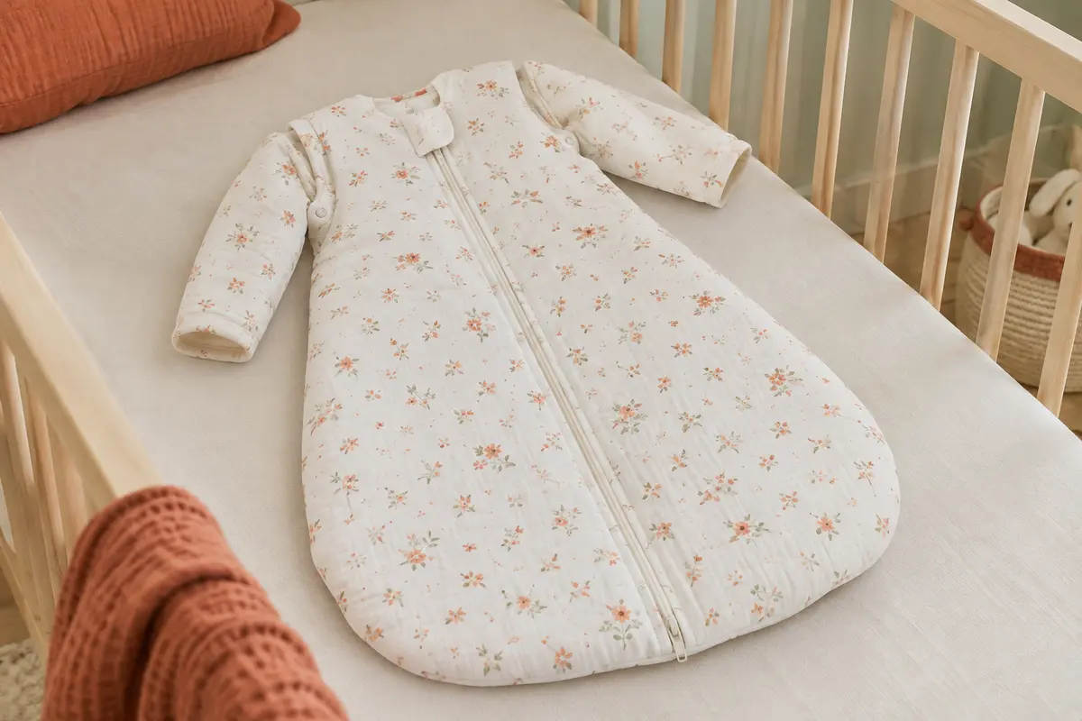 Gigoteuse bébé en coton à motif fleuri, manches amovibles et fermeture intégrale dans une chambre lumineuse.