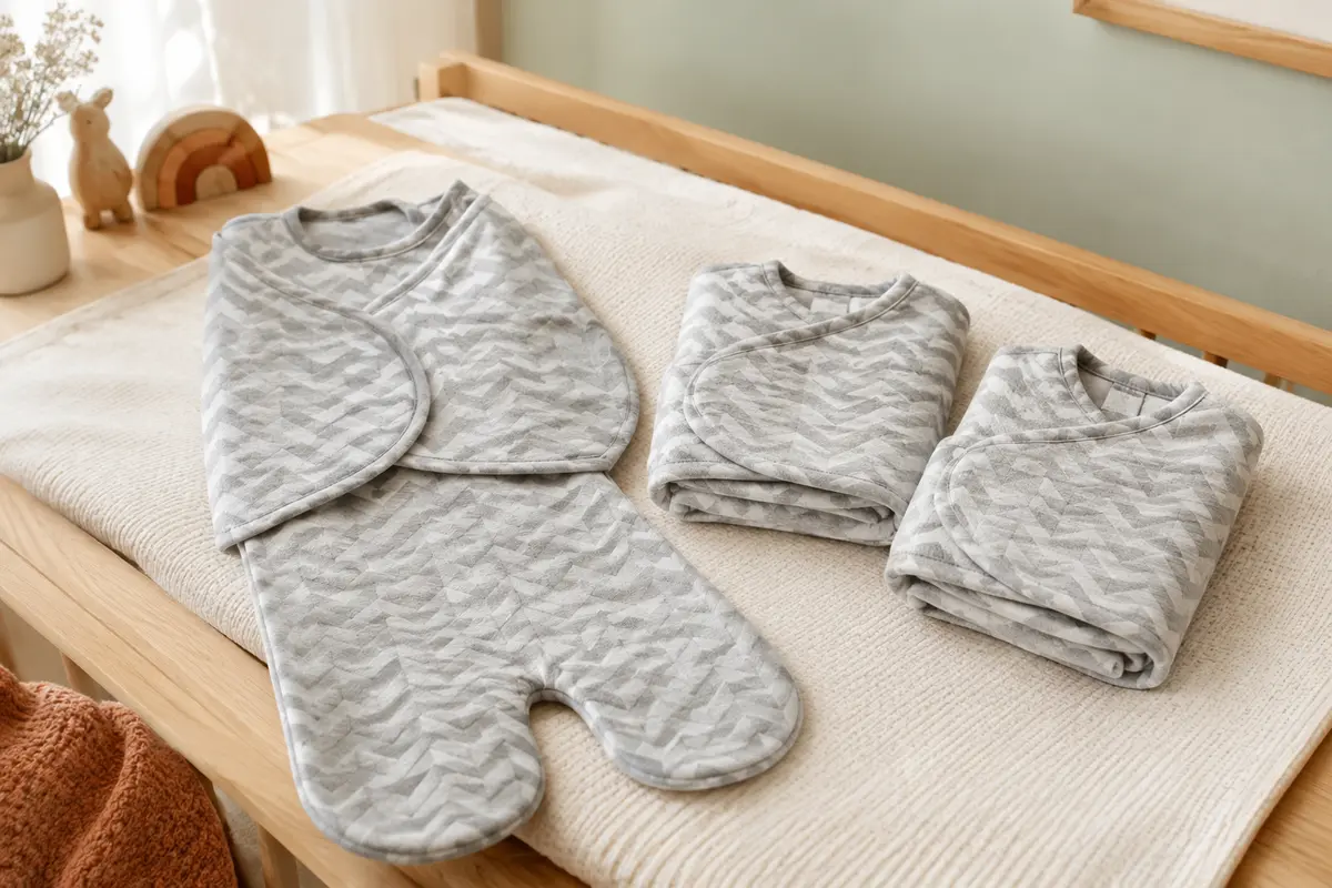 Trois emmailloteuses grises à chevrons, avec poche pour les jambes et ailes enveloppantes.