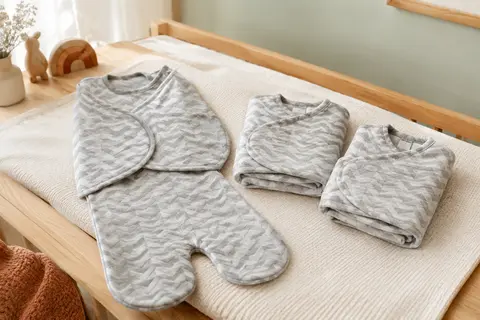 Trois emmailloteuses grises à chevrons, avec poche pour les jambes et ailes enveloppantes.
