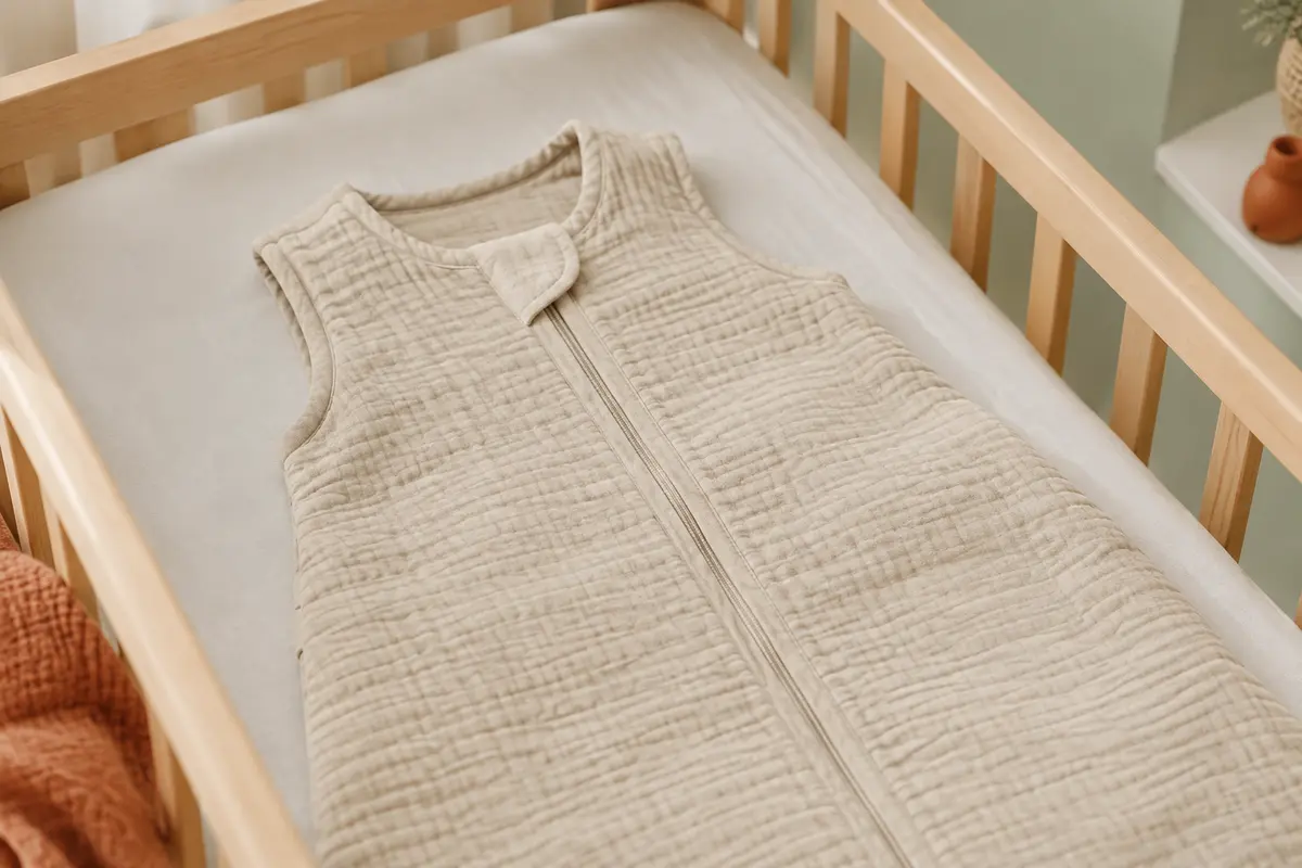 Gigoteuse bébé beige en mousseline de coton sans manches, posée sur un berceau en bois clair