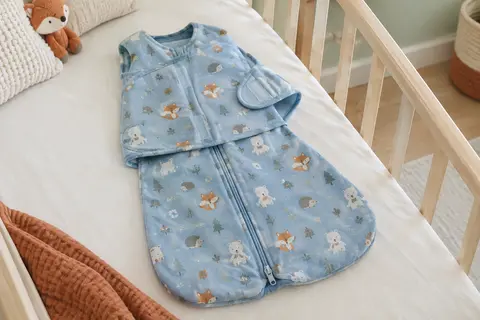 Gigoteuse d’emmaillotage en coton bleu avec attaches ajustables et fermeture à double sens