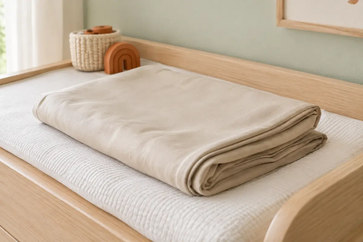 Couverture d’emmaillotage beige en viscose de bambou pliée sur une table à langer en bois clair