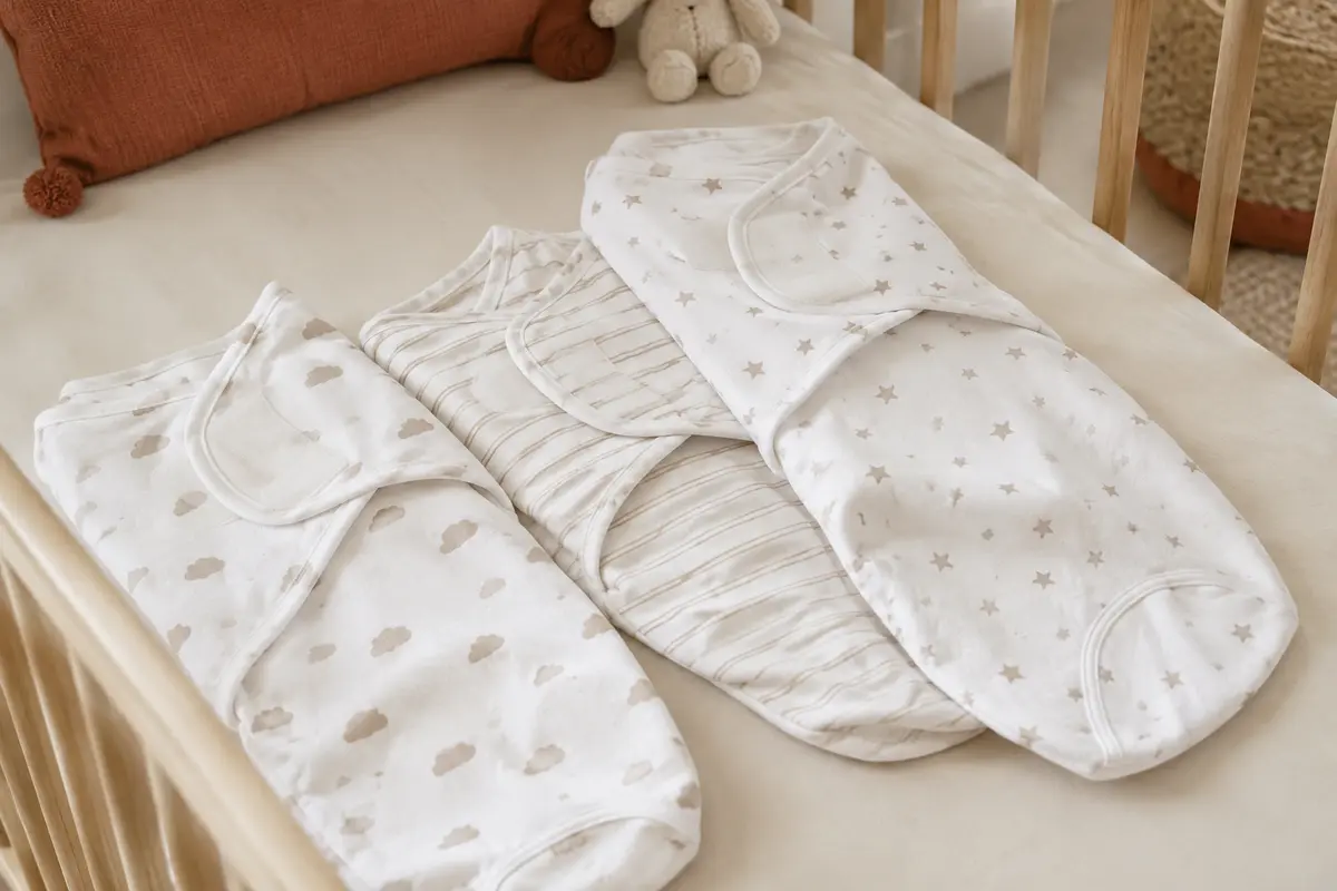 Trois langes blancs d’emmaillotage en coton biologique, avec fermeture Velcro et motifs de nuages, rayures et étoiles.