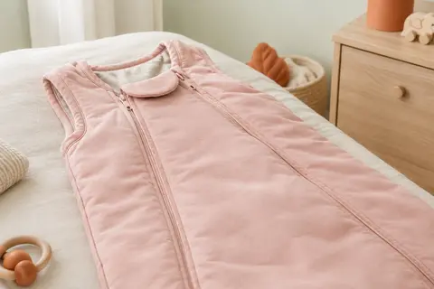 Gigoteuse bébé rose en coton ouatiné avec double fermeture éclair, posée dans une chambre douce et lumineuse