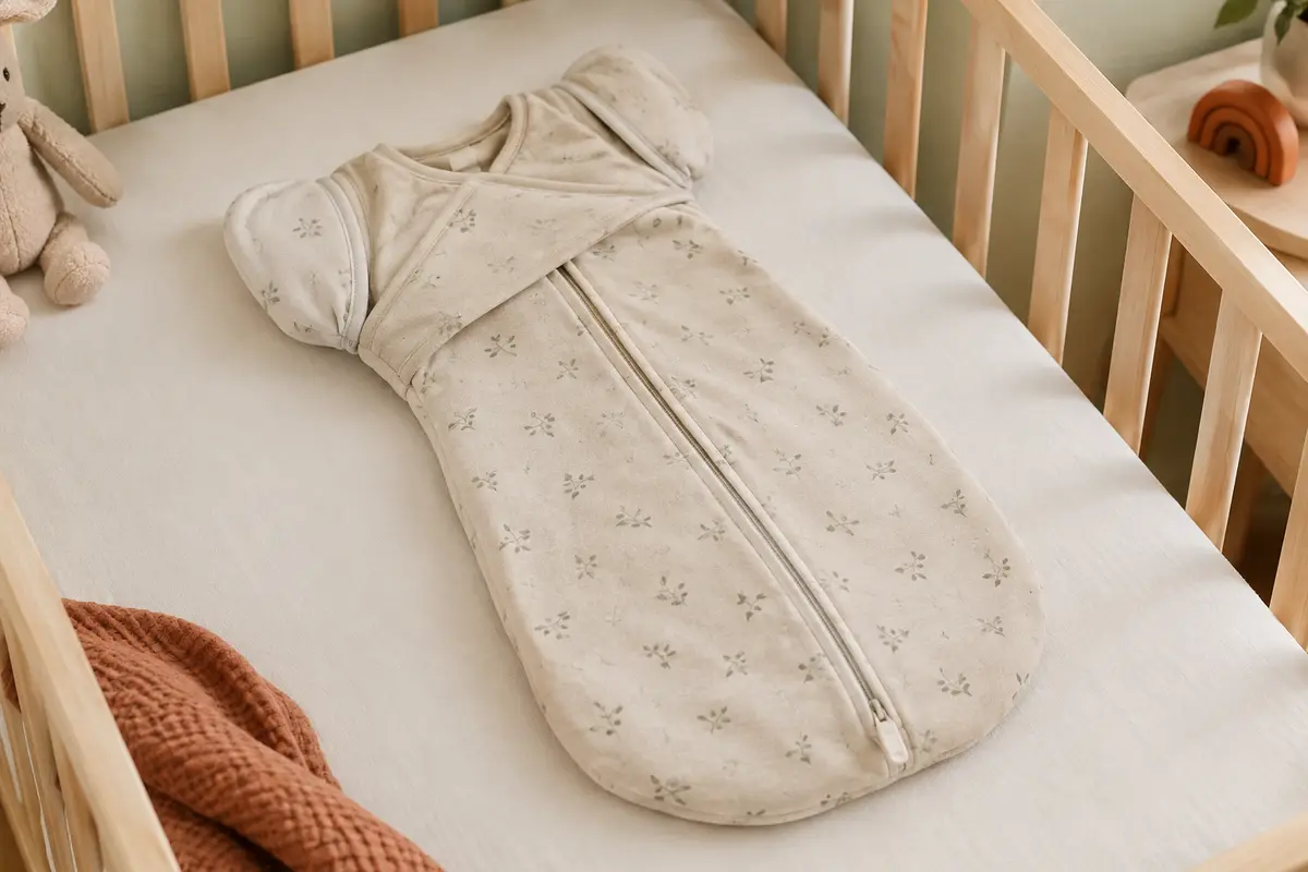 Gigoteuse d’emmaillotage en coton avoine à bras levés, posée dans une chambre de bébé lumineuse