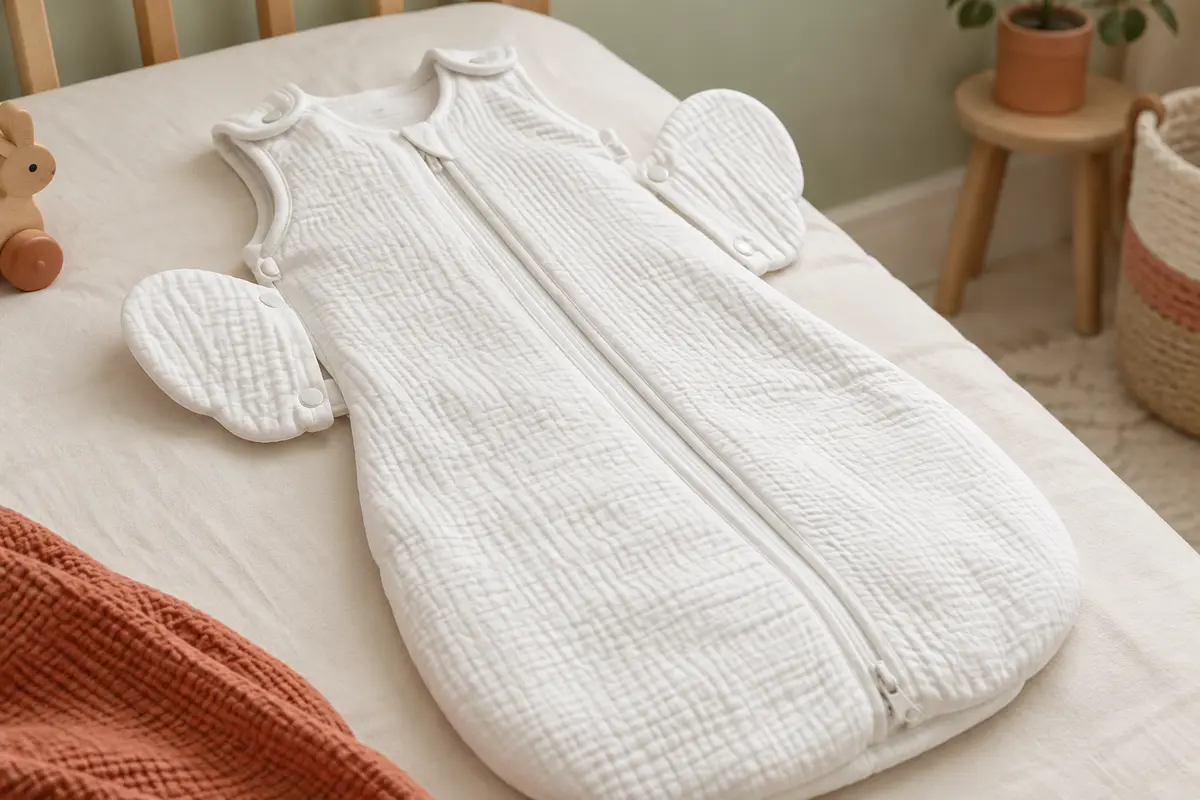 Gigoteuse de transition blanche en coton avec ailes amovibles et double fermeture éclair dans une chambre douce