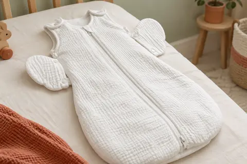 Gigoteuse de transition blanche en coton avec ailes amovibles et double fermeture éclair dans une chambre douce