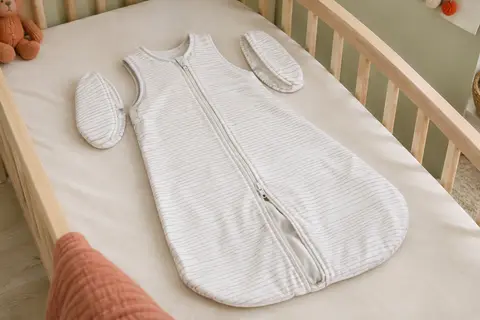 Gigoteuse de transition blanche à fines rayures, avec ailettes amovibles et fermeture éclair, sur un lit en bois clair.