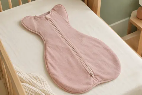 Gigoteuse d’emmaillotage rose en coton, aux bras relevés et au zip double sens, posée sur un lit clair.