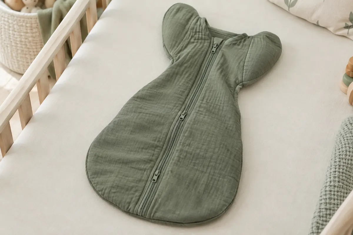 Gigoteuse d’emmaillotage en coton vert olive, bras orientés vers le haut et double fermeture éclair visible.