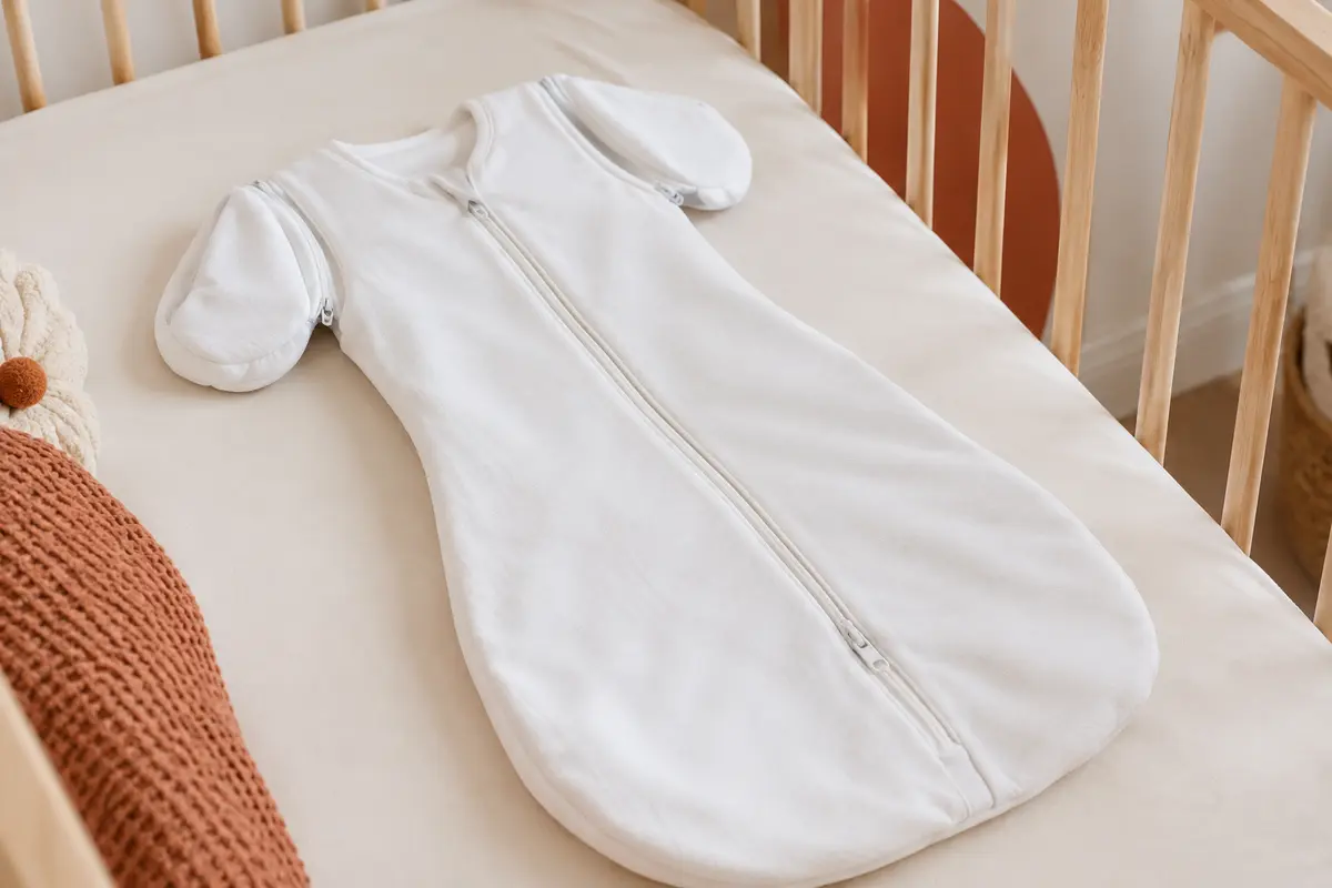 Gigoteuse de transition blanche avec ailettes amovibles zippées, posée dans une chambre de bébé lumineuse