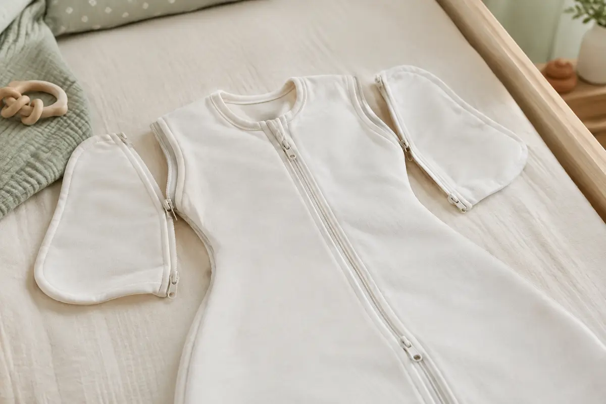 Gigoteuse de transition blanche en coton extensible, avec ailettes amovibles zippées et double fermeture éclair.