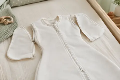 Gigoteuse de transition blanche en coton extensible, avec ailettes amovibles zippées et double fermeture éclair.