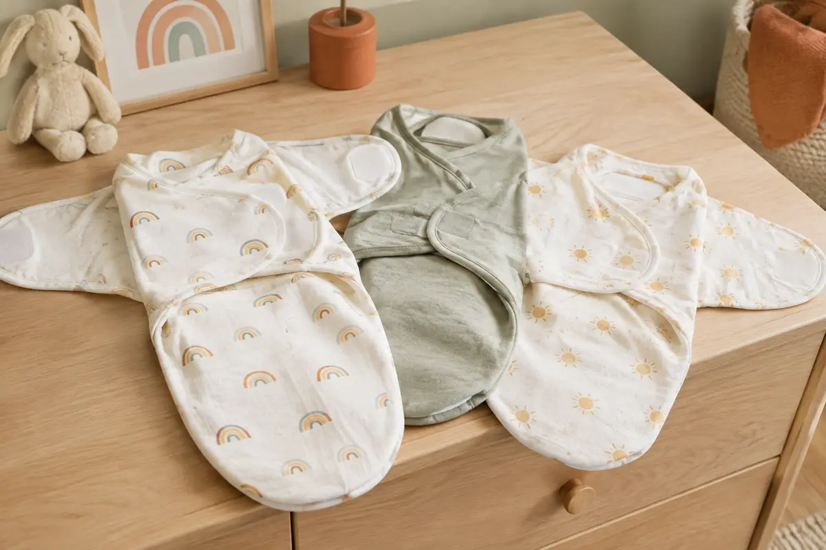 Trois langes d’emmaillotage en coton disposés dans une chambre de bébé claire, près d’un meuble en bois.