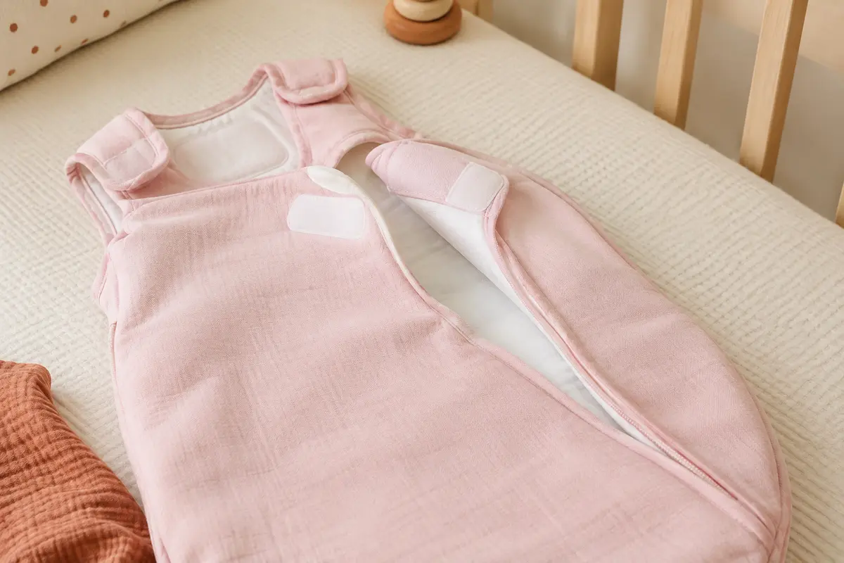 Gigoteuse d’emmaillotage en coton rose clair avec rabats autoagrippants, posée dans une chambre de bébé lumineuse.