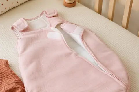 Gigoteuse d’emmaillotage en coton rose clair avec rabats autoagrippants, posée dans une chambre de bébé lumineuse.