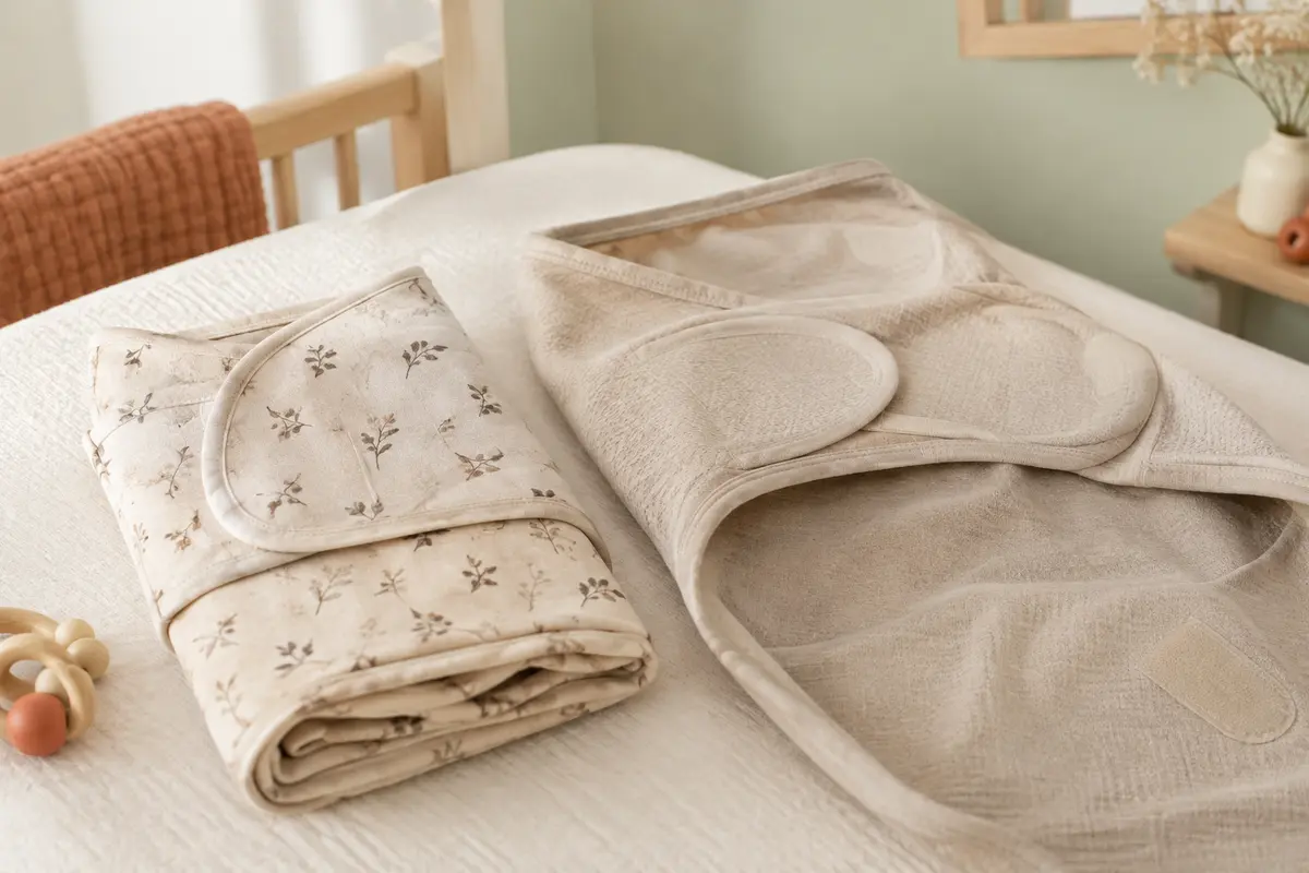 Deux langes d’emmaillotage Meyco en coton sable, l’un à motif de branches et l’autre uni, avec fermeture velcro