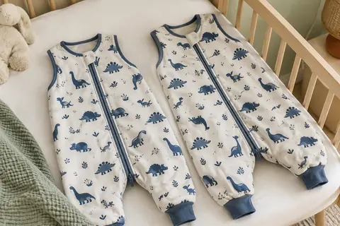 Deux gigoteuses bébé en coton bleu foncé à imprimé dinosaures, avec jambes séparées et fermeture éclair.