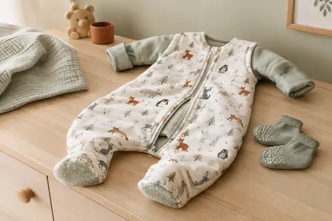 Gigoteuse à pieds en coton imprimé d’animaux d’hiver, avec manches amovibles et chaussettes antidérapantes