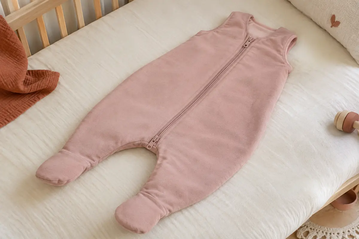 Gigoteuse à pieds en coton rose poudré avec fermeture éclair à double sens, posée dans une chambre claire.
