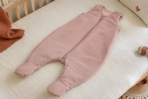 Gigoteuse à pieds en coton rose poudré avec fermeture éclair à double sens, posée dans une chambre claire.