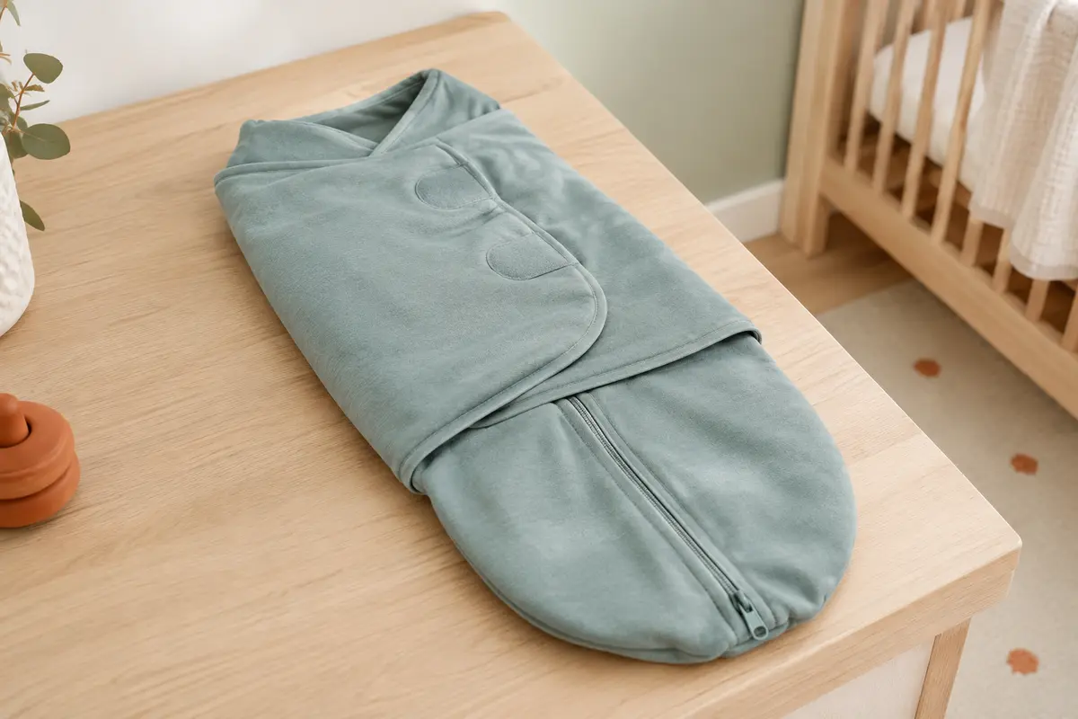 Couverture d’emmaillotage Momcozy bleu-vert avec attaches auto-agrippantes et zip inférieur