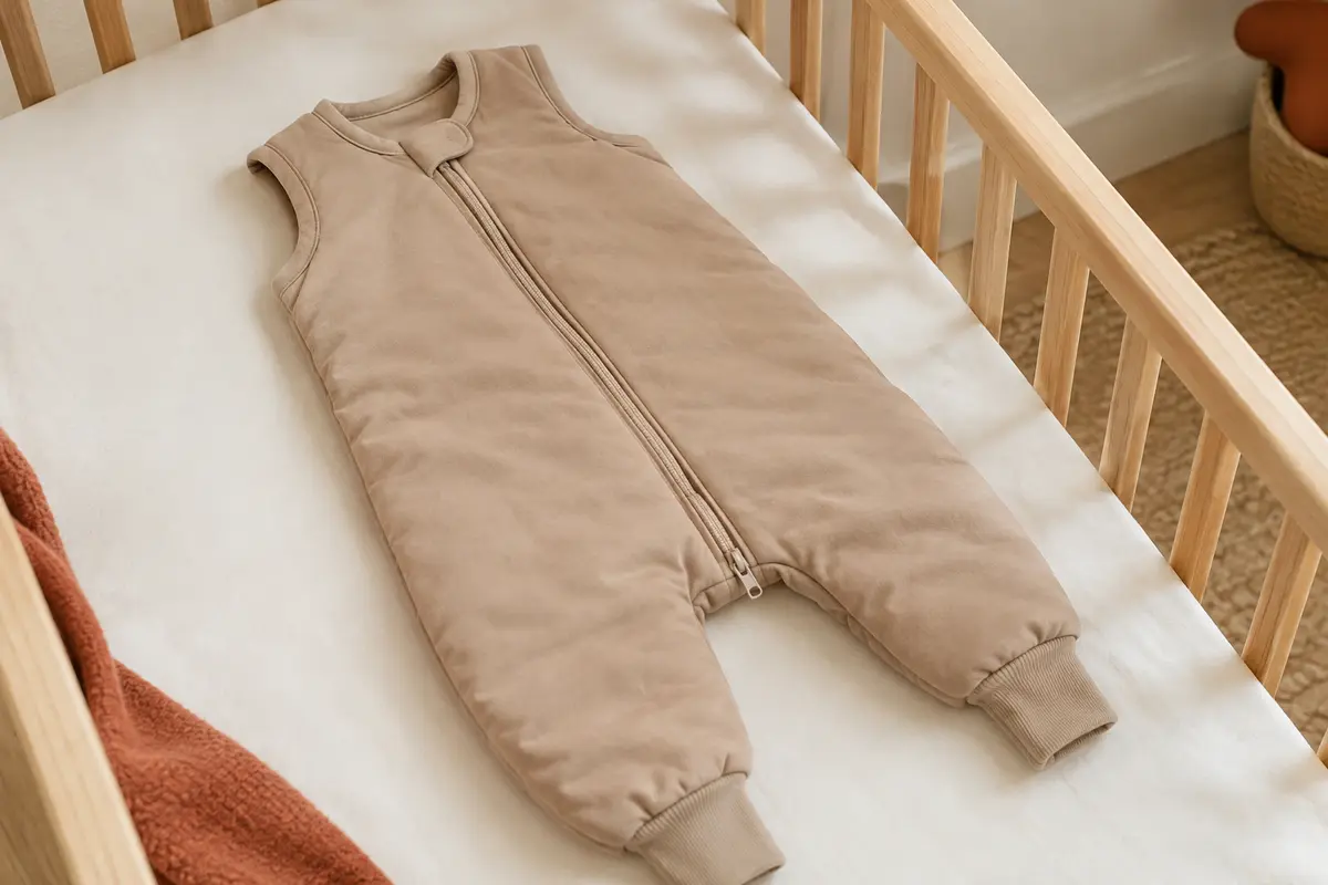 Gigoteuse bébé à jambes sans manches avec zip double sens, posée sur un lit en bois clair